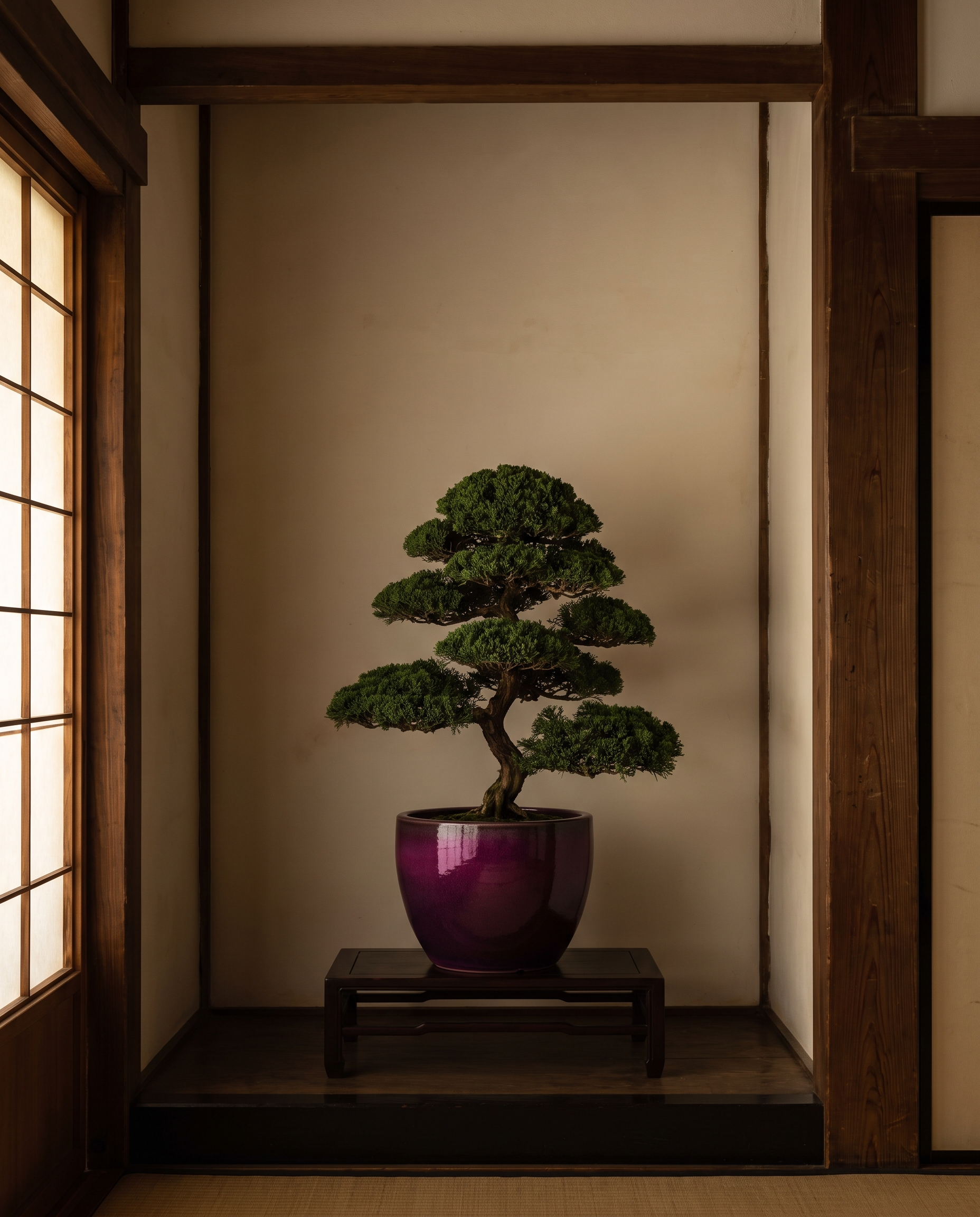 A carefully pruned bonsai in a deep plum pot, in a traditional wooden alcove